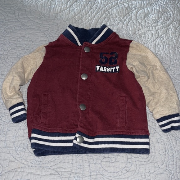 9-12 months Varsity jacket snap front maroon, tan, navy. 52 Varsity Front pocket - Picture 5 of 7